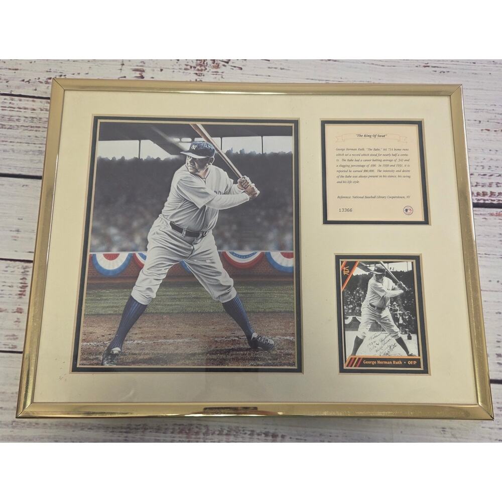 Babe Ruth Framed Baseball Memorabilia Photo Card Display w/Signature 14 x 11
